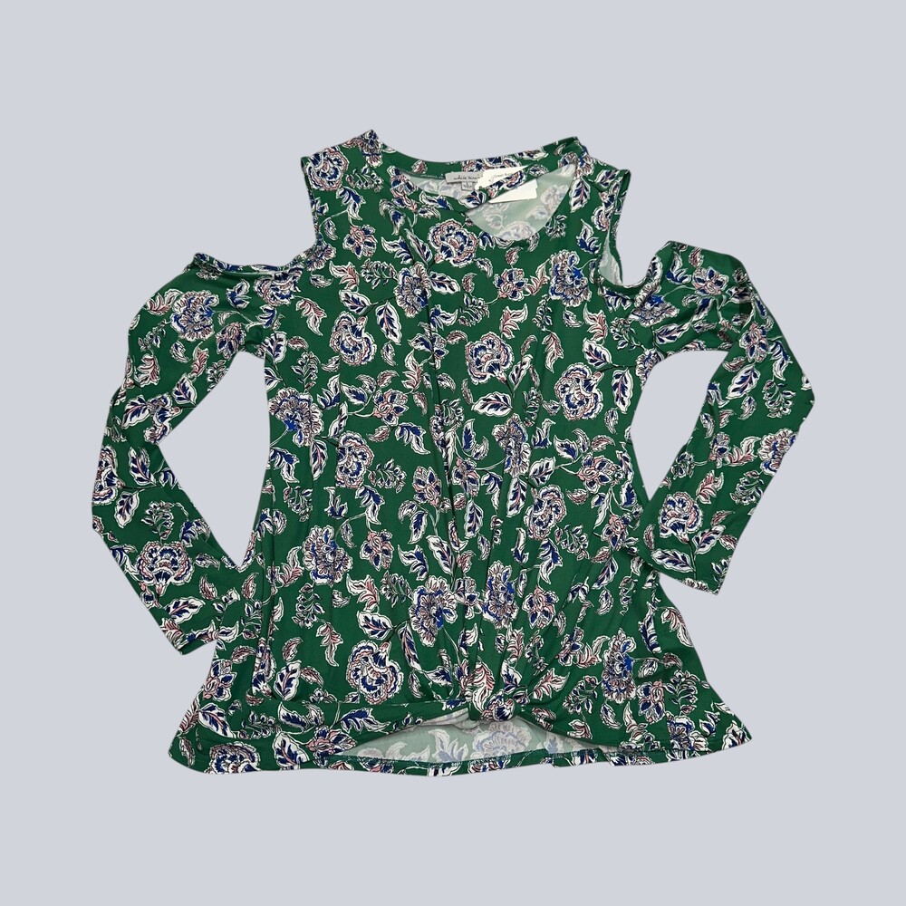 NWT White Birch Green Floral Cold Shoulder Cutout Top Size L NWT Made in USA